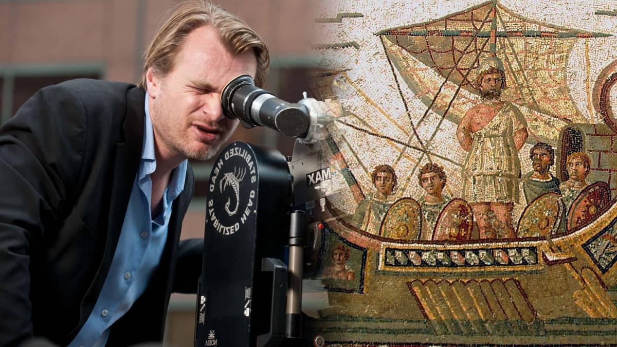 Christopher Nolan next to art of Odyssey