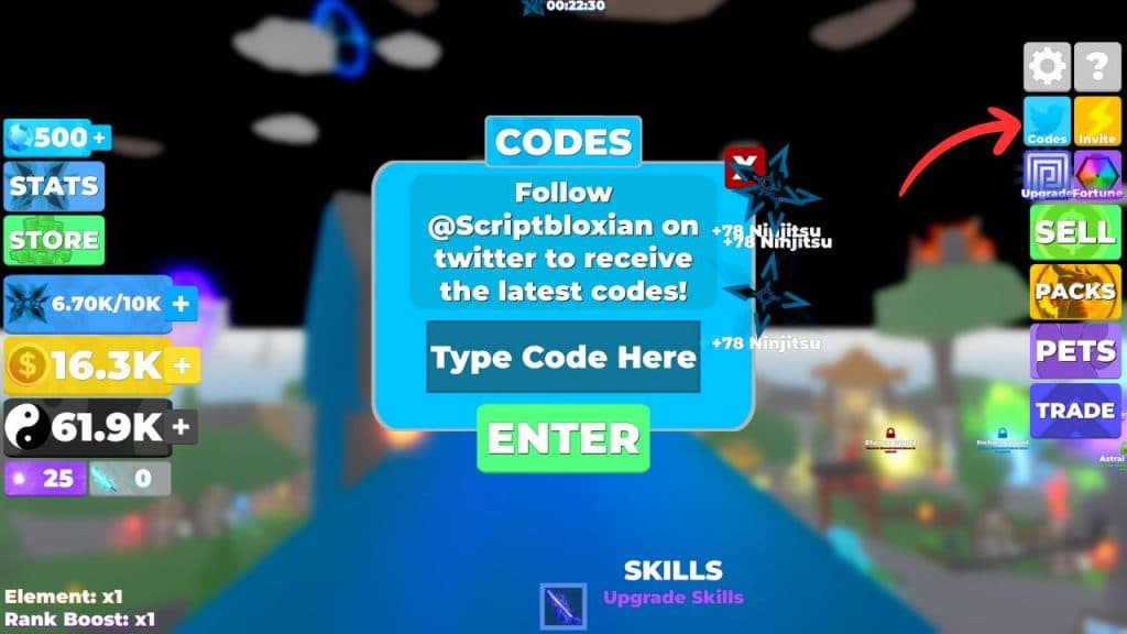 Redeeming codes in Ninja Legends