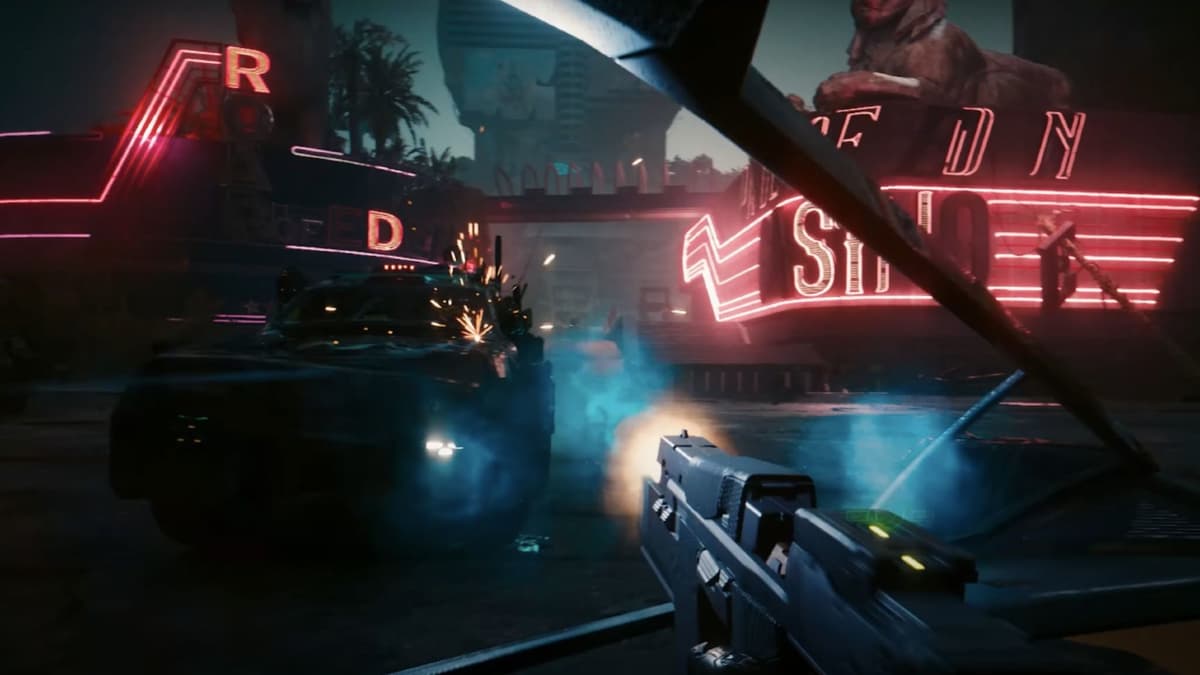 A screenshot of a player firing a weapon from a car in Cyberpunk: 2077.