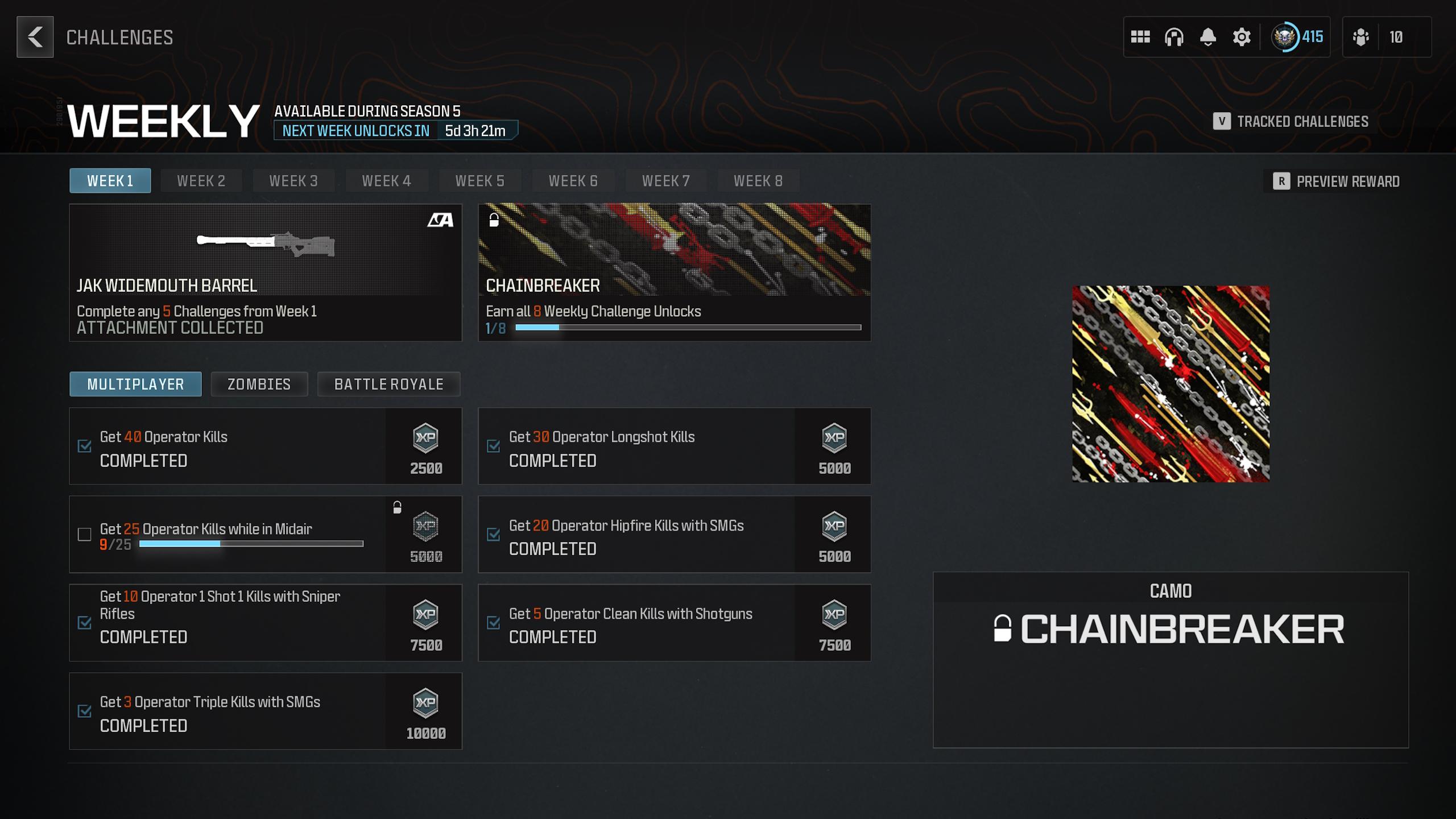 The weekly challenges required to unlock Chainmouth animated camo in MW3 and Warzone.