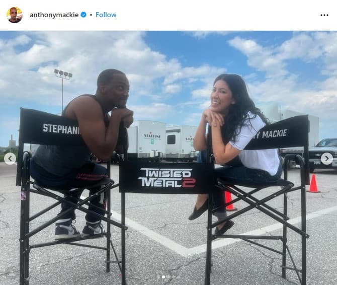 Anthony Mackie and Stephanie Beatriz on the set of Twisted Metal Season 2.