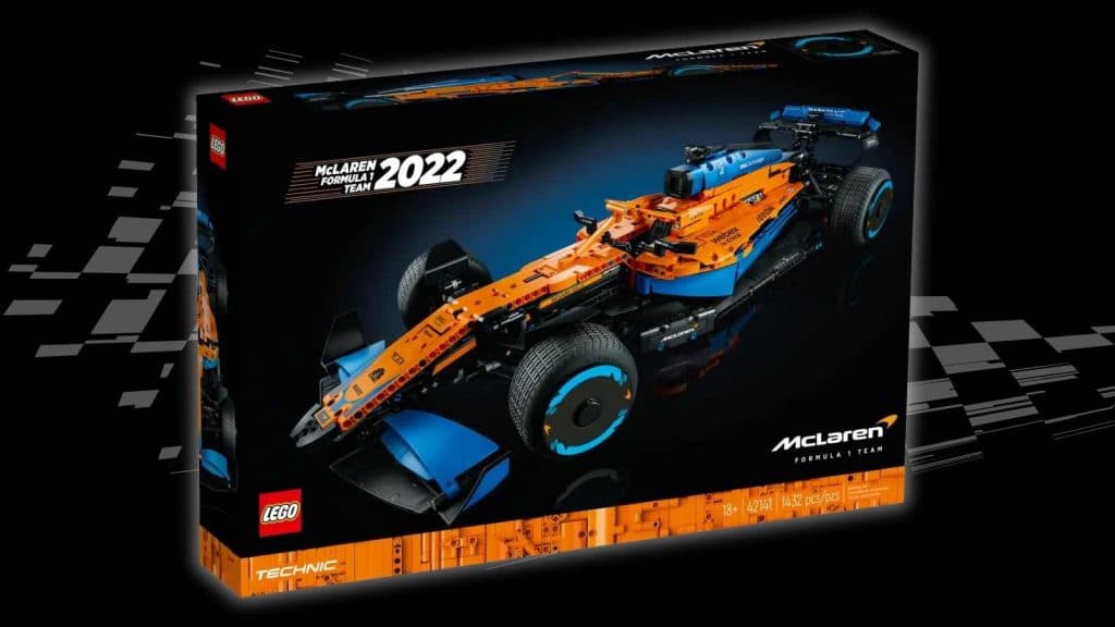 The LEGO Technic McLaren Formula 1 Race Car on a black background with racing flag graphic