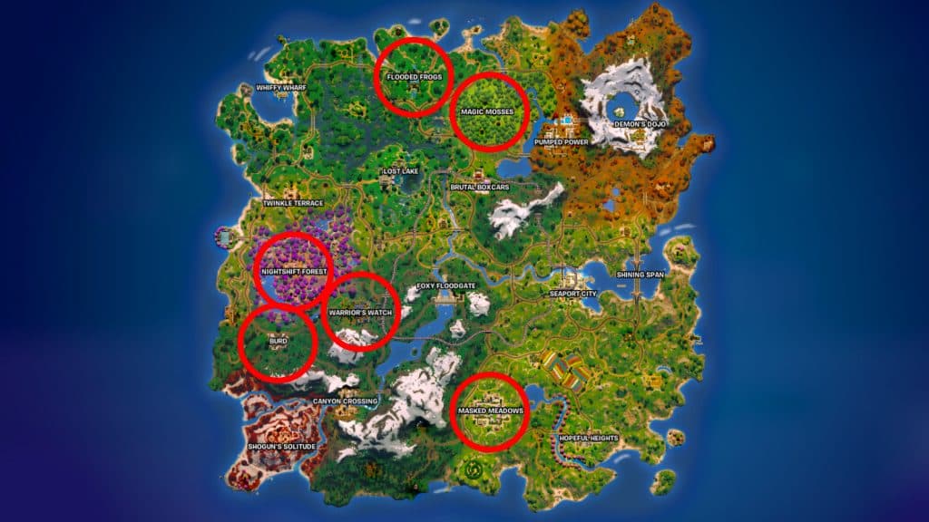 The six best Fortnite landing spots marked on the Chapter 6 Season 1 map.