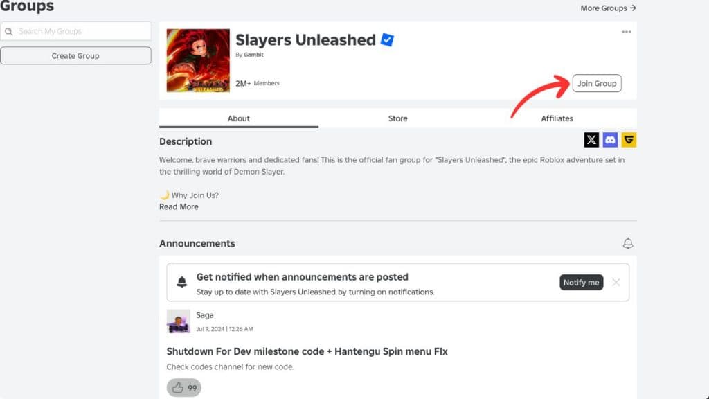 A screenshot of an arrow pointing to the Join Group button on the Slayers Unleashed group page.