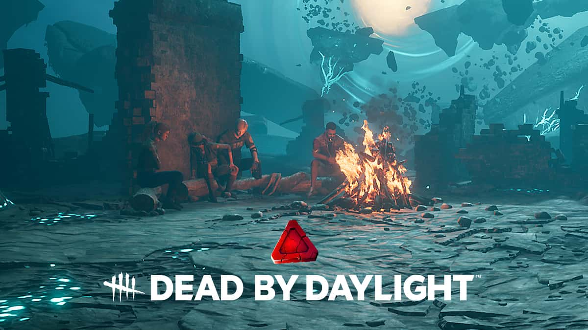 A screenshot showing the Bloodpoints logo alongside the DBD logo and an image of Survivors by a campfire in the game