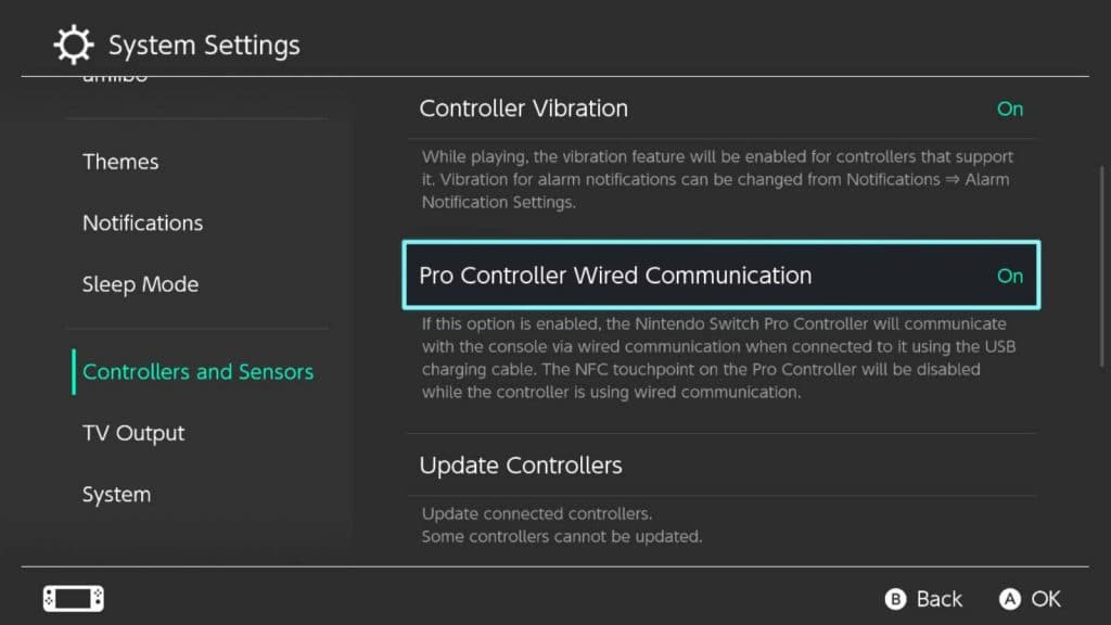 Screen of the Nintendo Switch settings.