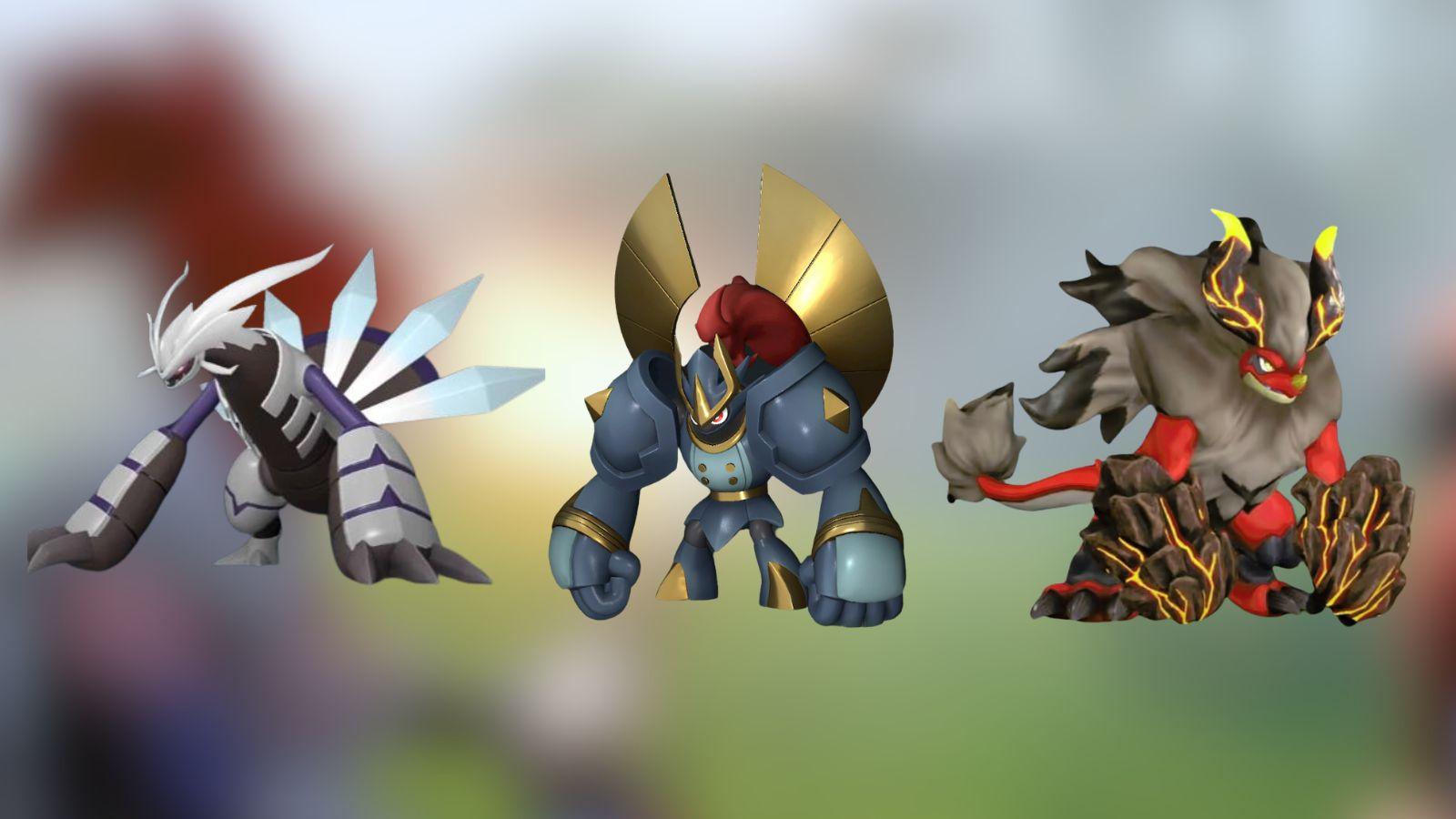 A custom image of the best Pals for mining in Palworld featuring Xenogard, Knocklem, and Blazamut.