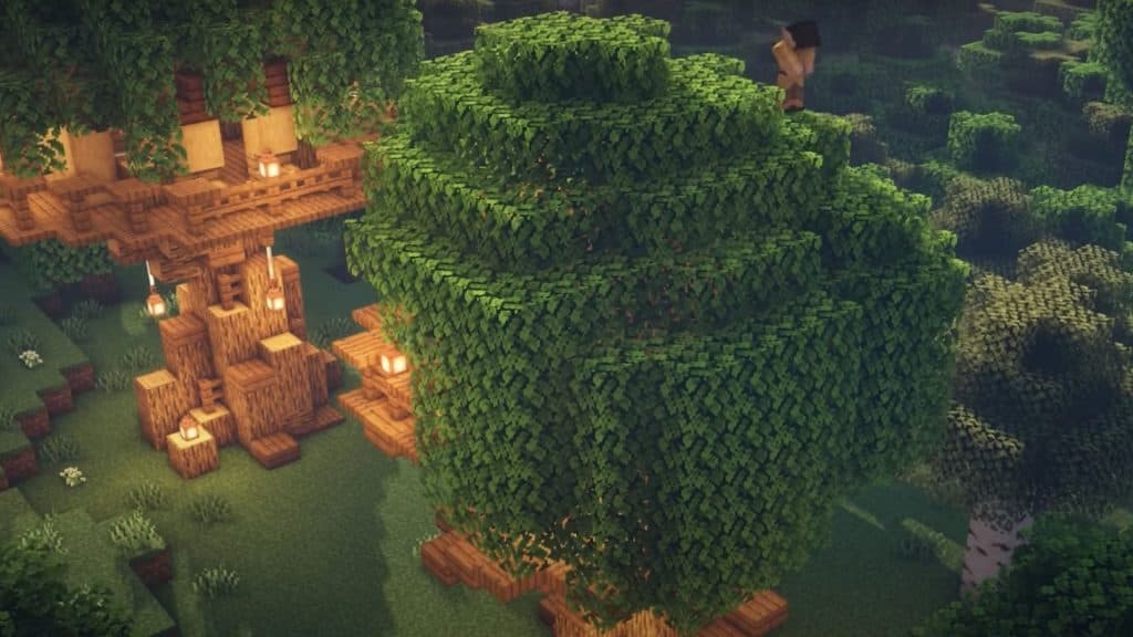 An image of the bridge treehouse design in Minecraft.