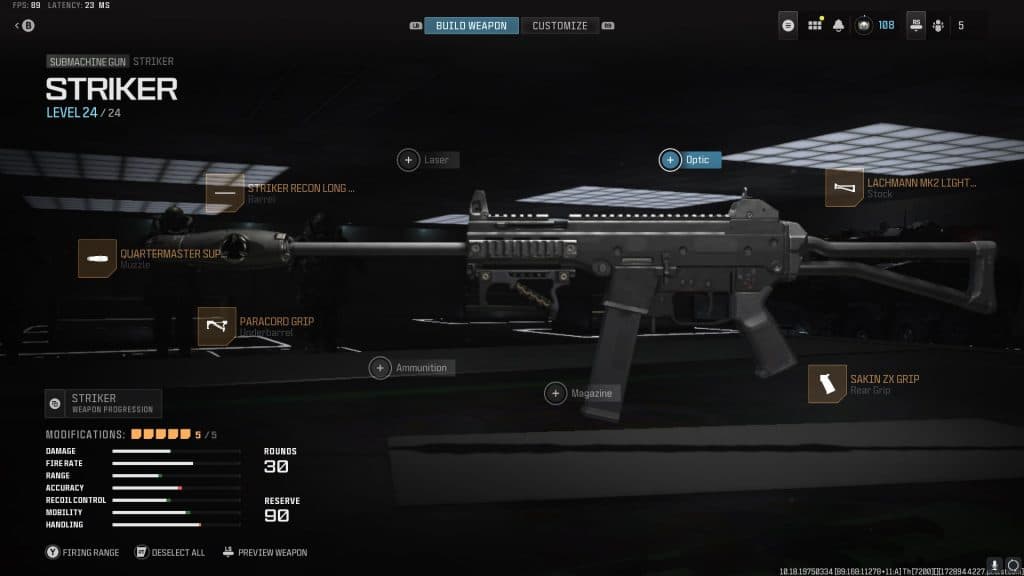 The Striker SMG in MW3's loadout screen