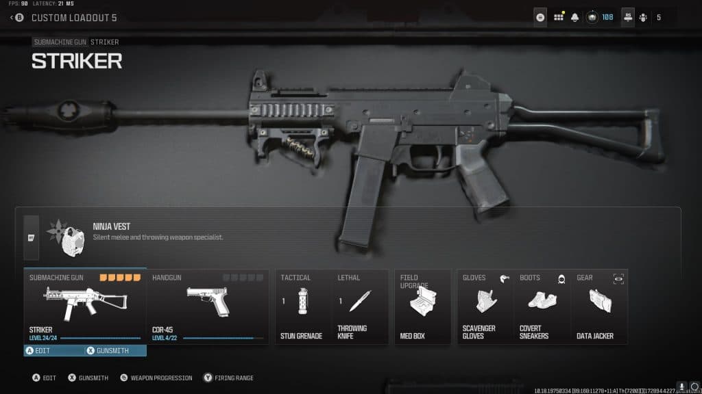 MW3's Striker SMG in the class creator screen.