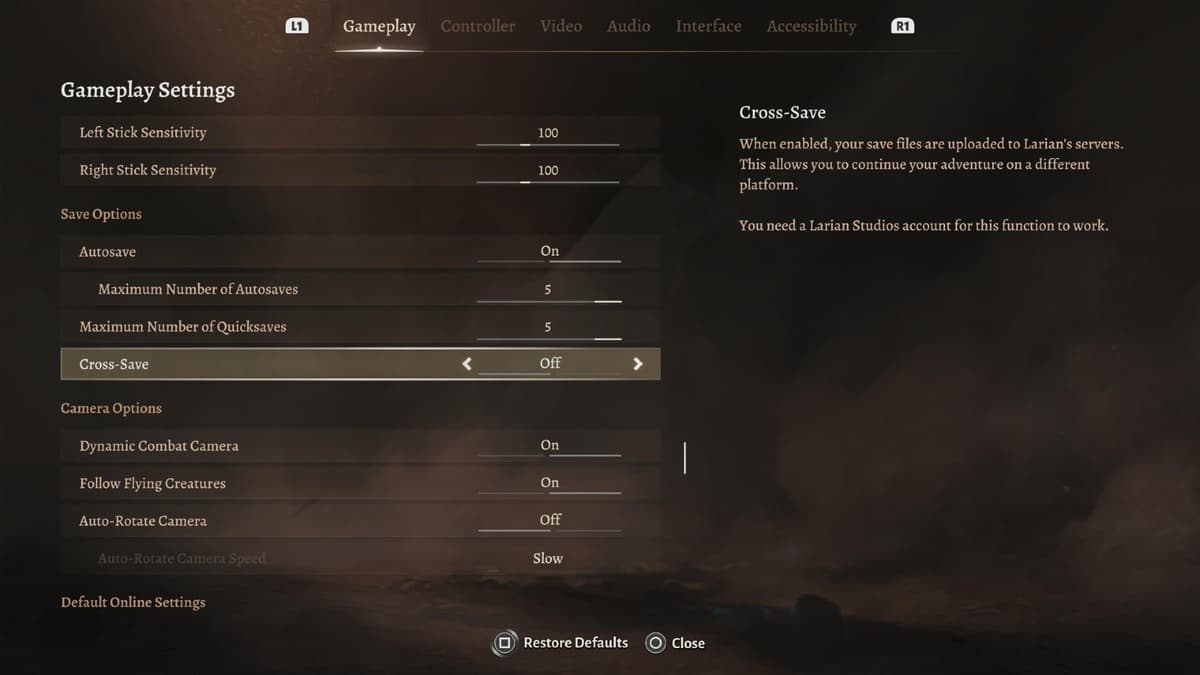 A screenshot of the cross-save option in Baldur's Gate 3's main menu.