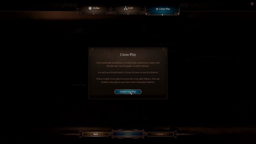 An image of the enable cross-play screen within Baldur's Gate 3.