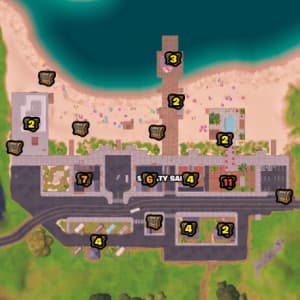 Fortnite Sweaty Sands chest spawn locations on the map.