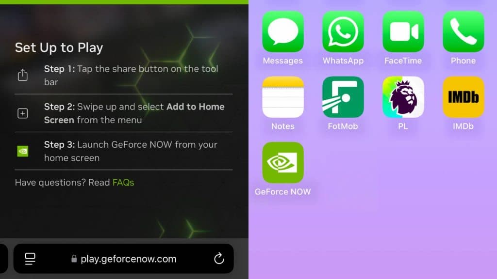 iPhone screenshots of the GeForce Now setup sequence and the app showing on the home screen of the iOS device.