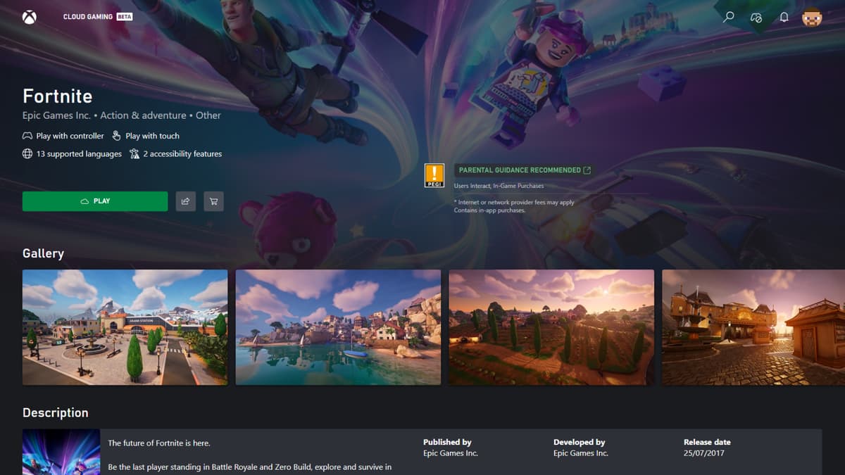 Fortnite on Xbox's XCloud platform.