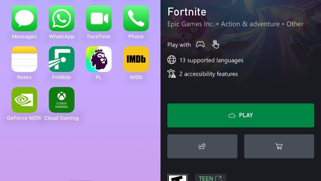 Screenshots of the Xbox Cloud Gaming app in the iPhone home screen and Fortnite in the app.