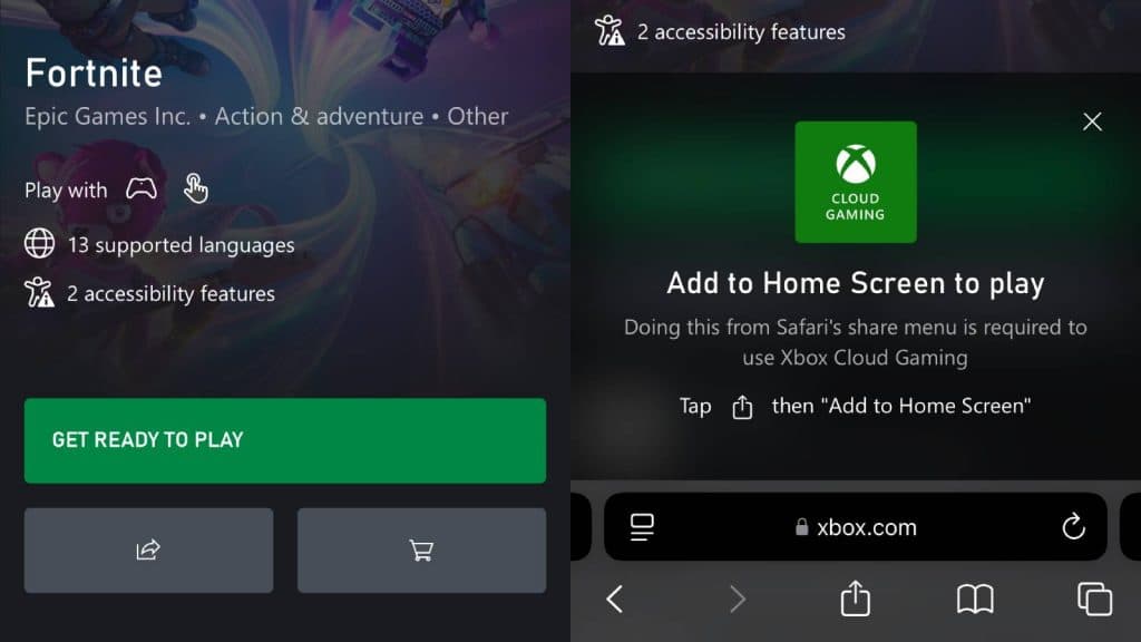 Screenshots of setting up the Xbox Cloud Gaming in Safari and installing the app to the iPhone's home screen.