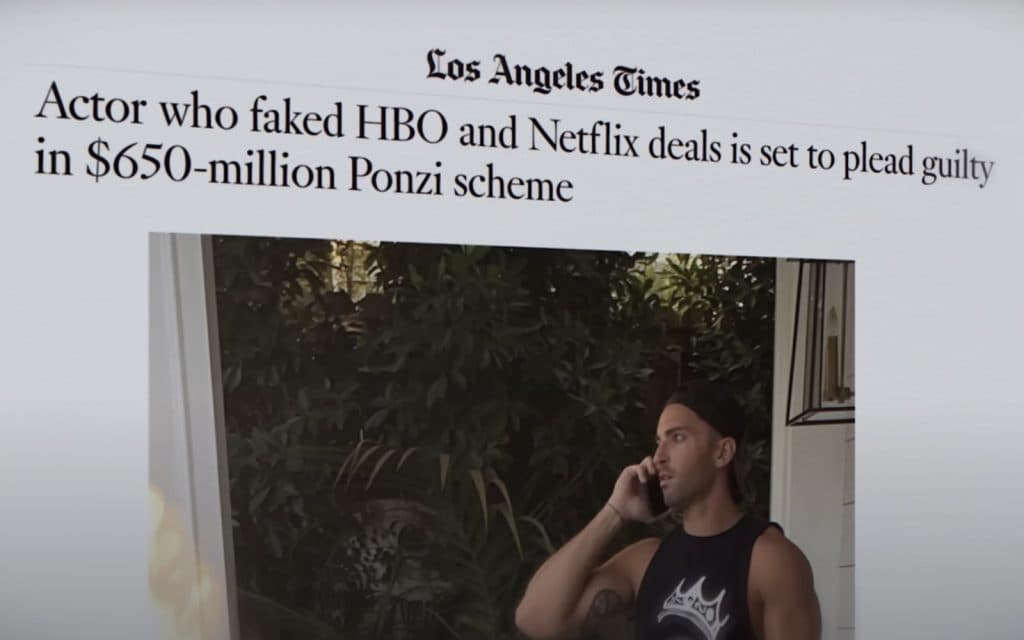 Newspaper clipping shown in Bad Actor: A Hollywood Ponzi Scheme