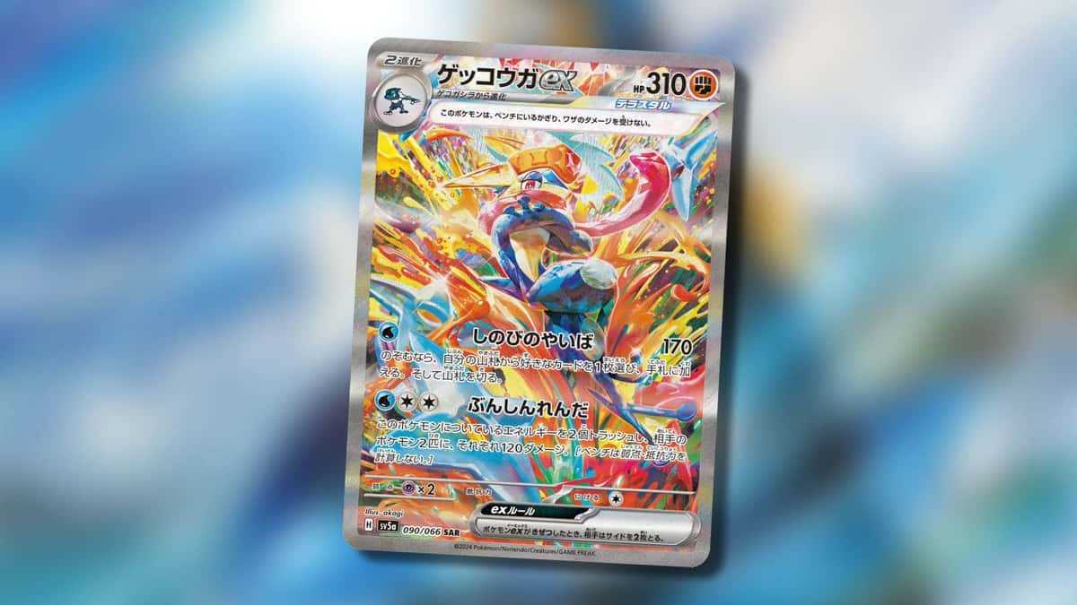 A Pokemon TCG card from Crimson Haze shows a Fighting Tera-Type Greninja ex