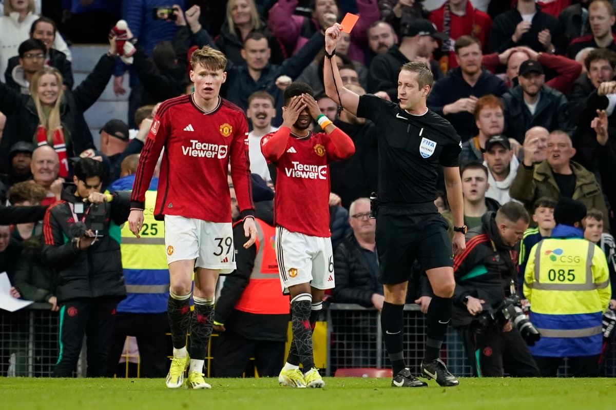 Amad is shown a red card for Manchester United