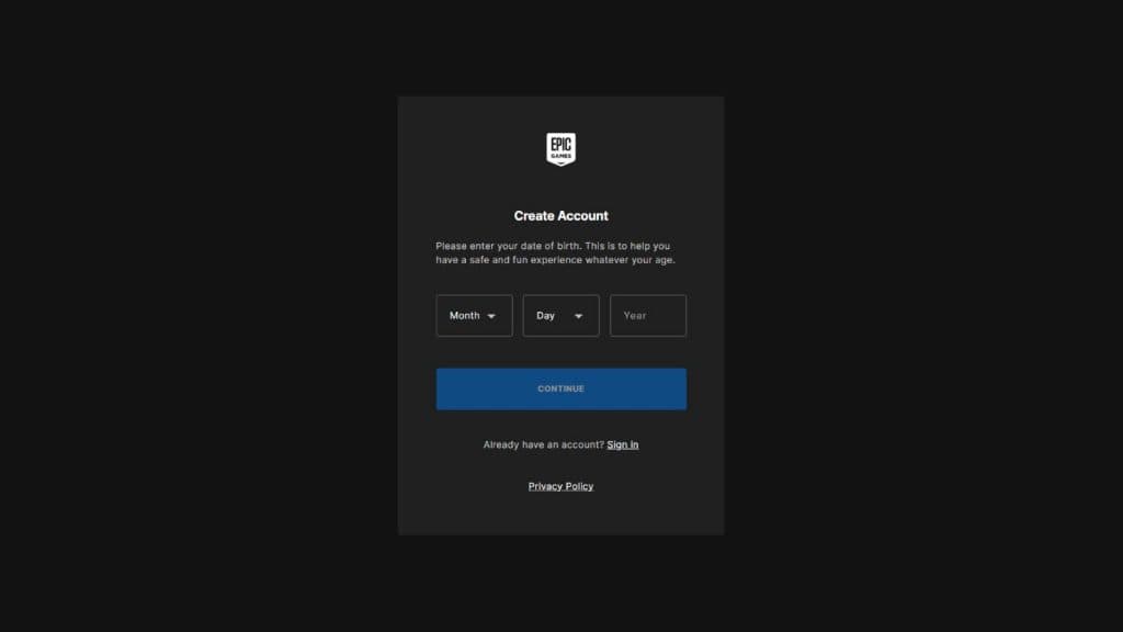 Screenshot of the Create Account page for making an Epic Games account.