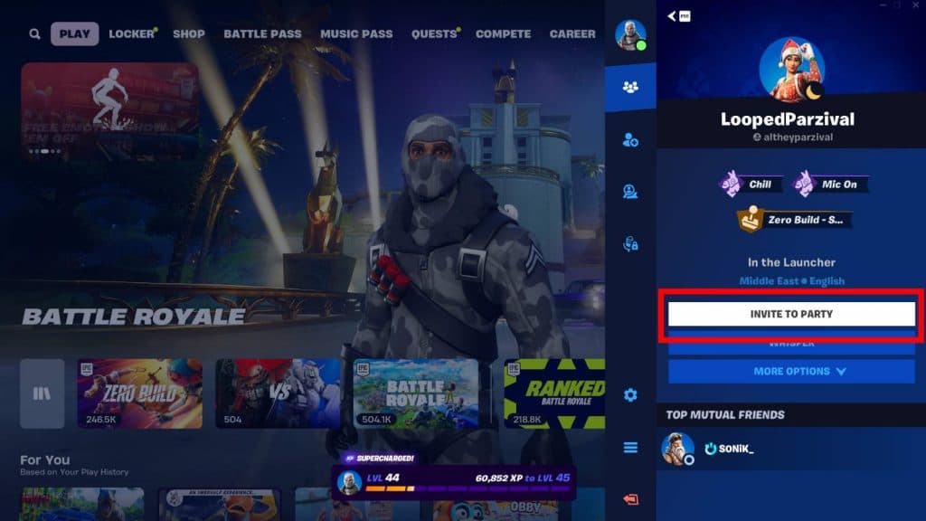 Fortnite Screenshot of a player selecting to invite a friend to their party.