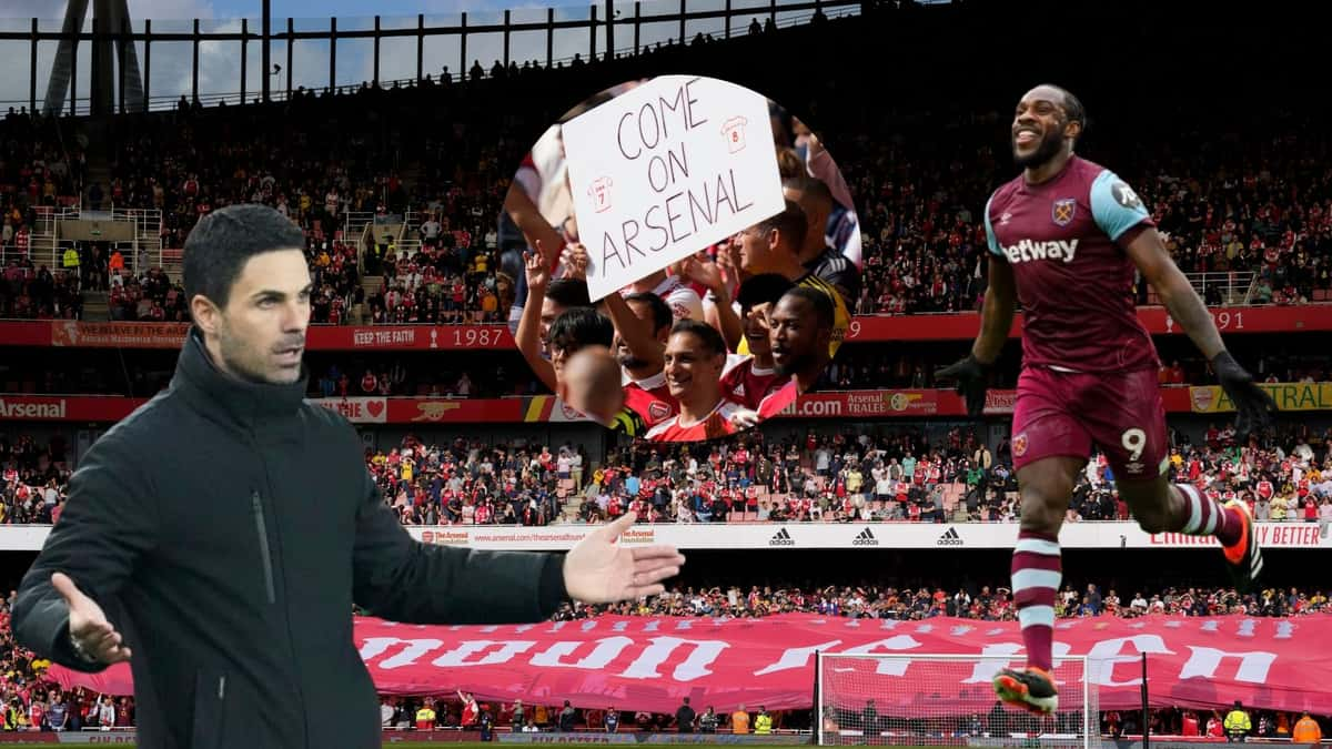 Mikel Arteta looks across at Michail Antonio celebrating in front of the Emirates Stadium