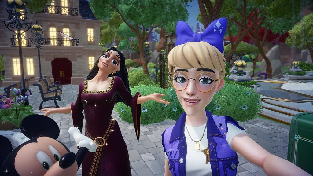 Image of a character wearing items claimed through codes in Disney Dreamlight Valley stood with Mother Gothel and Mickey