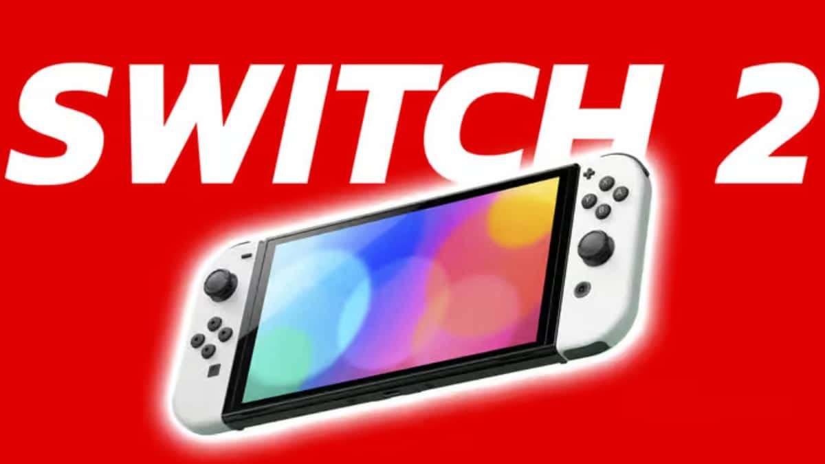 Image of the Nintendo Switch OLED on a red background.