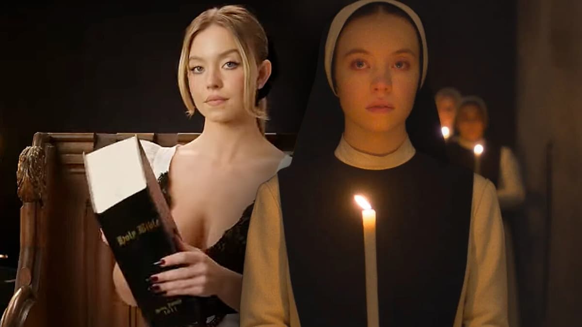 Sydney Sweeney reading the Bible and a still from Immaculate