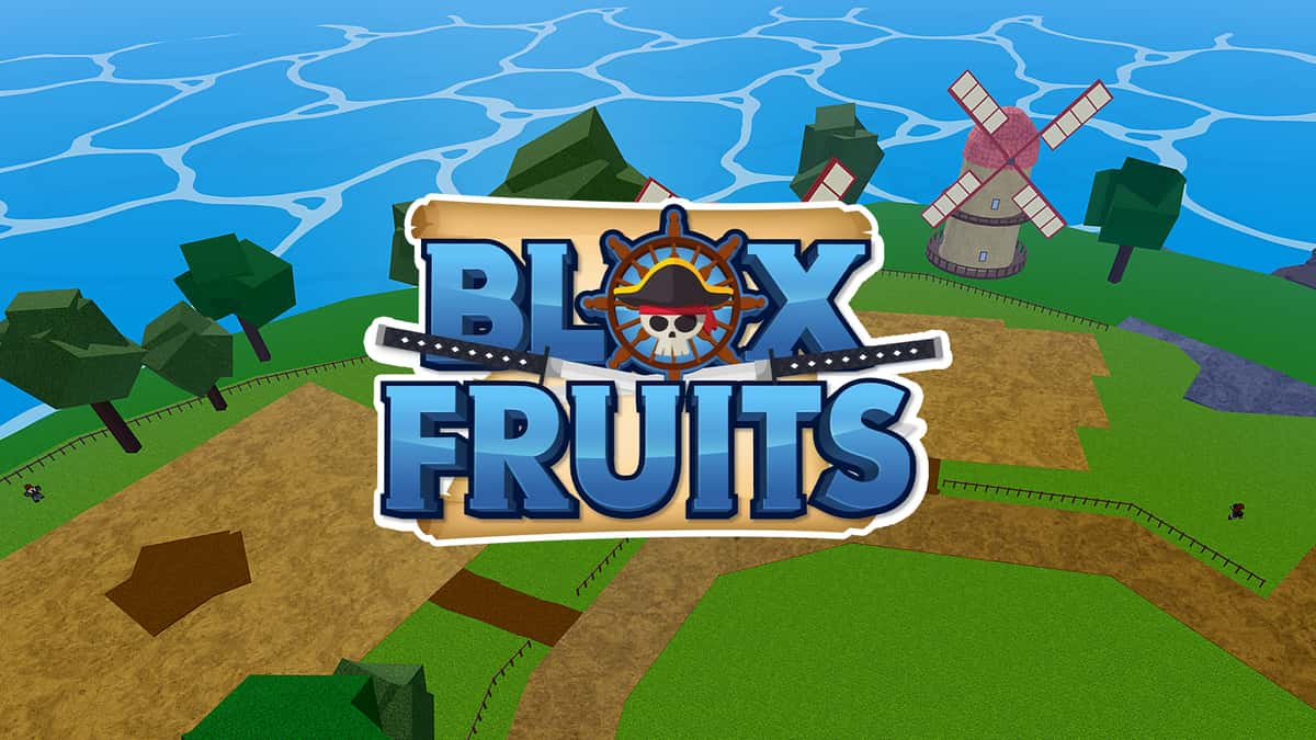 Image of Blox Fruits logo with a location from in-game behind it