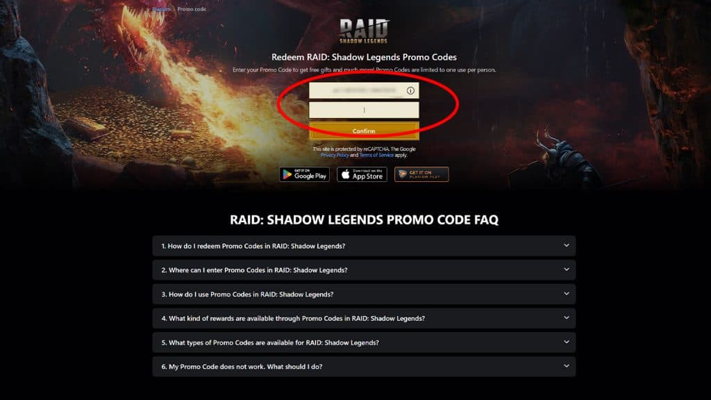 Image showing code redemption screen in RAID Shadow Legends