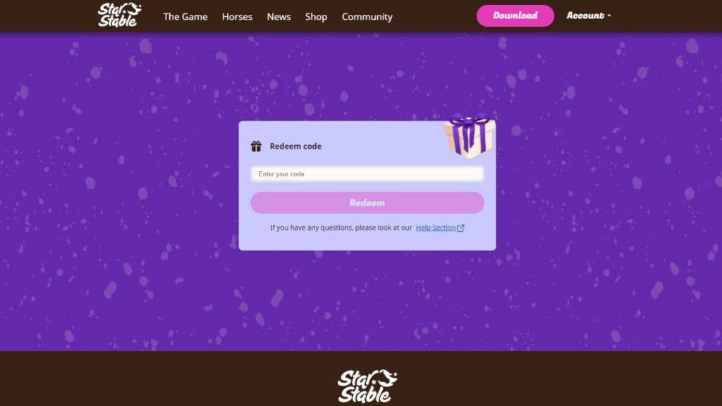 an image of Star Stable code redemption screen