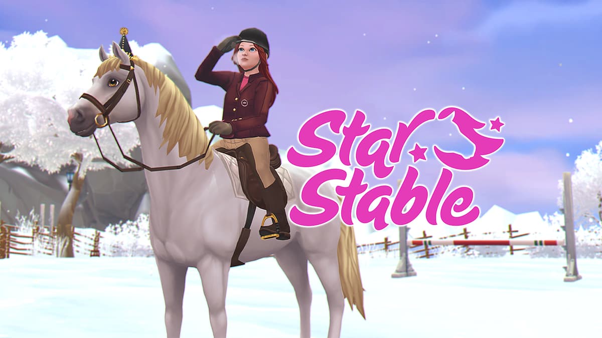 Image of a character sitting on a horse in a wintry location with the Star Stable logo