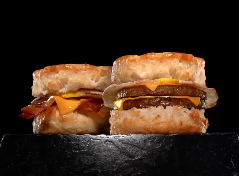 Two Hardee's breakfast biscuits on a black background