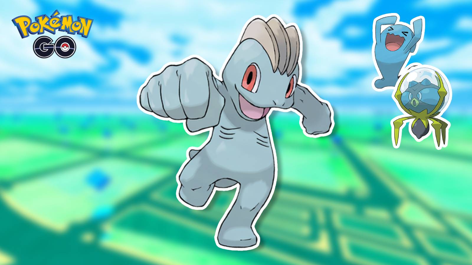 The Pokemon Machop is visible against a blurred screen