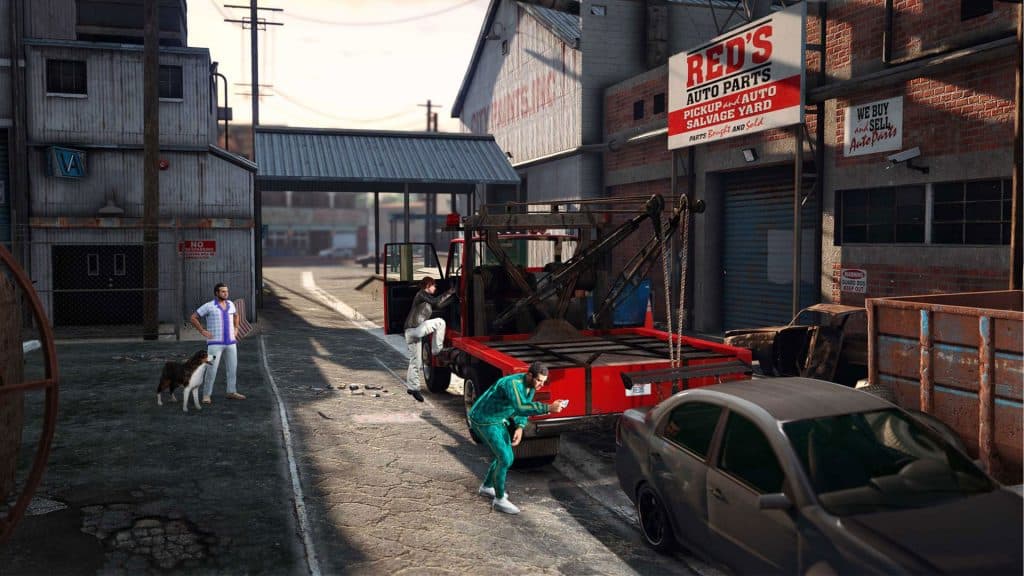 GTA Online screenshot of Salvage Yard robbery with car on truck