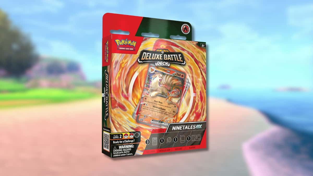 Ninetales ex Deluxe Battle Deck with Pokemon beach background.