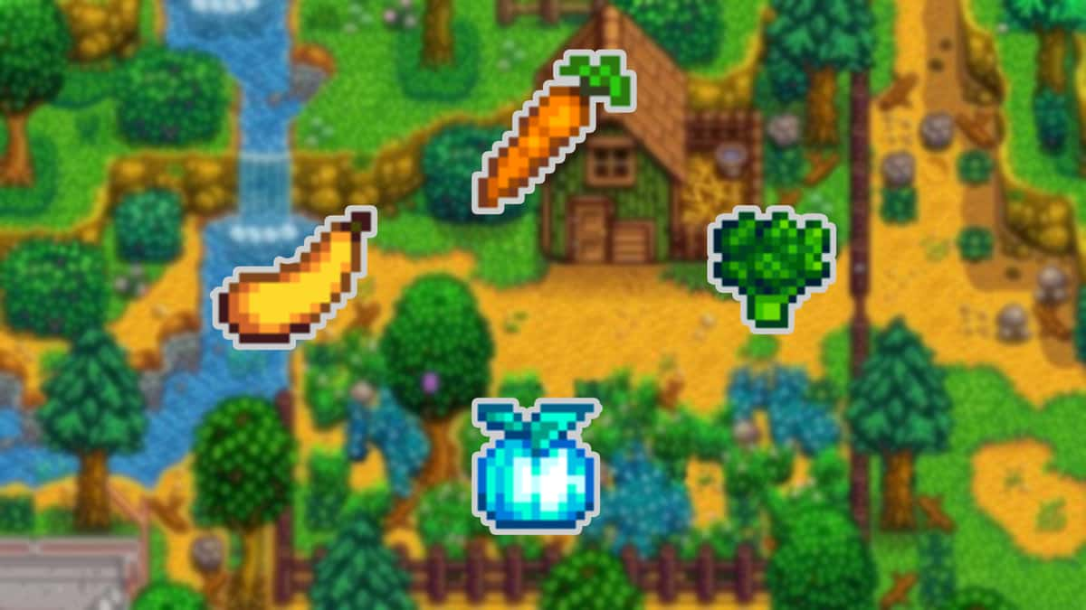 The new crops available in Stardew Valley 1.6, Carrots, Summer Squash, Broccoli and Powdermelon