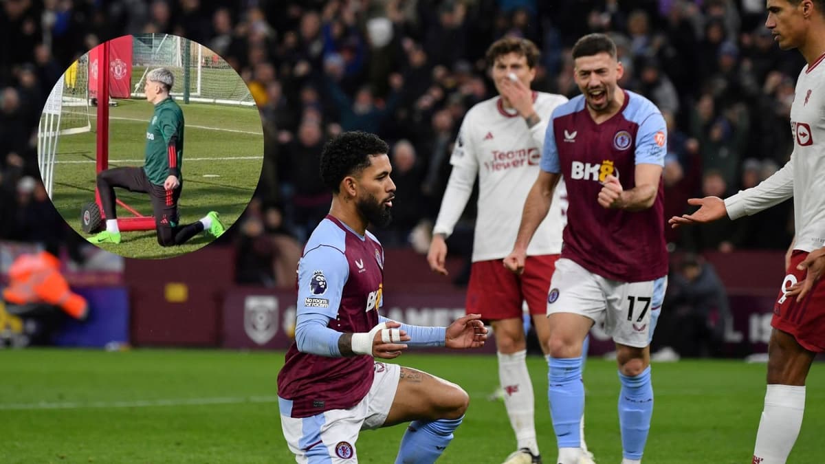 Douglas Luiz celebrates vs Manchester United as Alejandro Garnacho (inset) mimics him in training