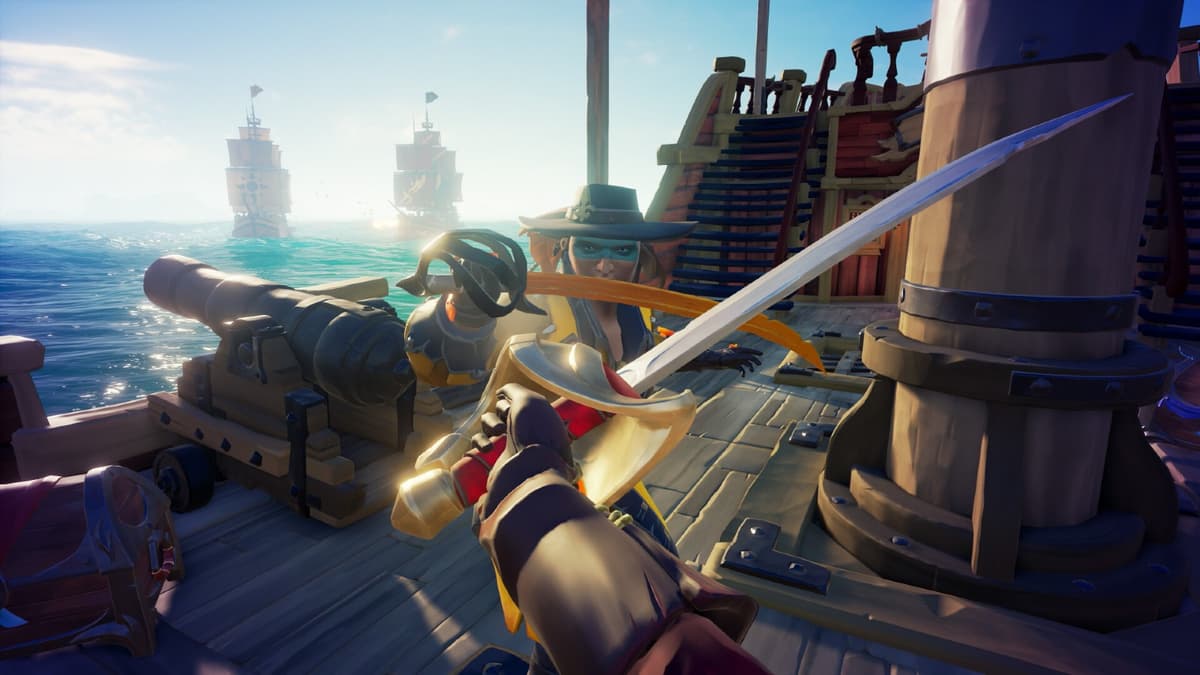 An image of Sea of Thieves gameplay of a player wielding a sword.