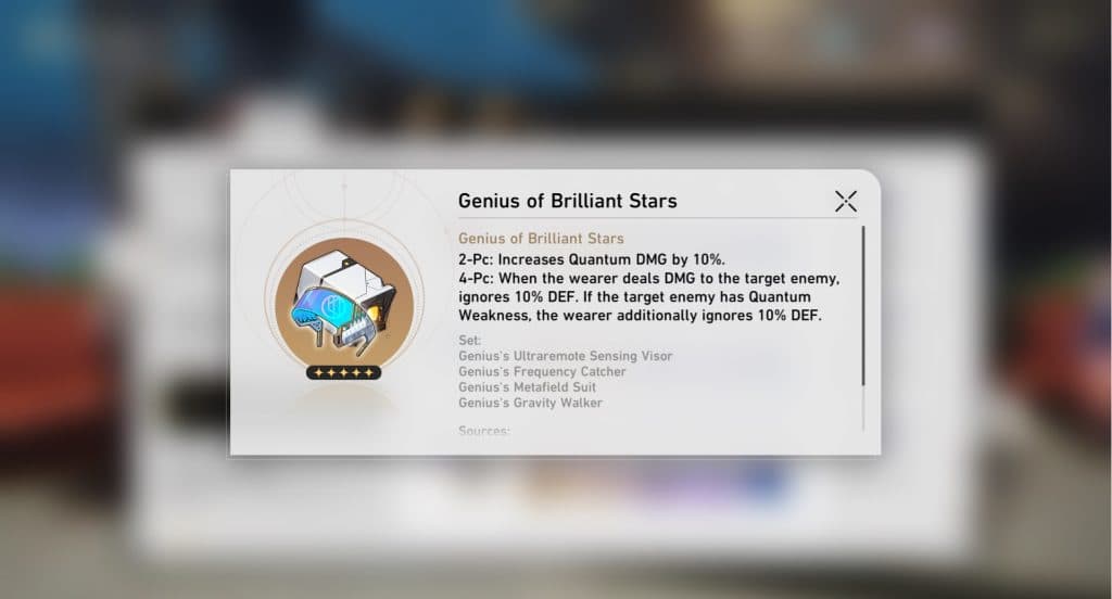 A screenshot of Genius of Brilliant Stars Relic set