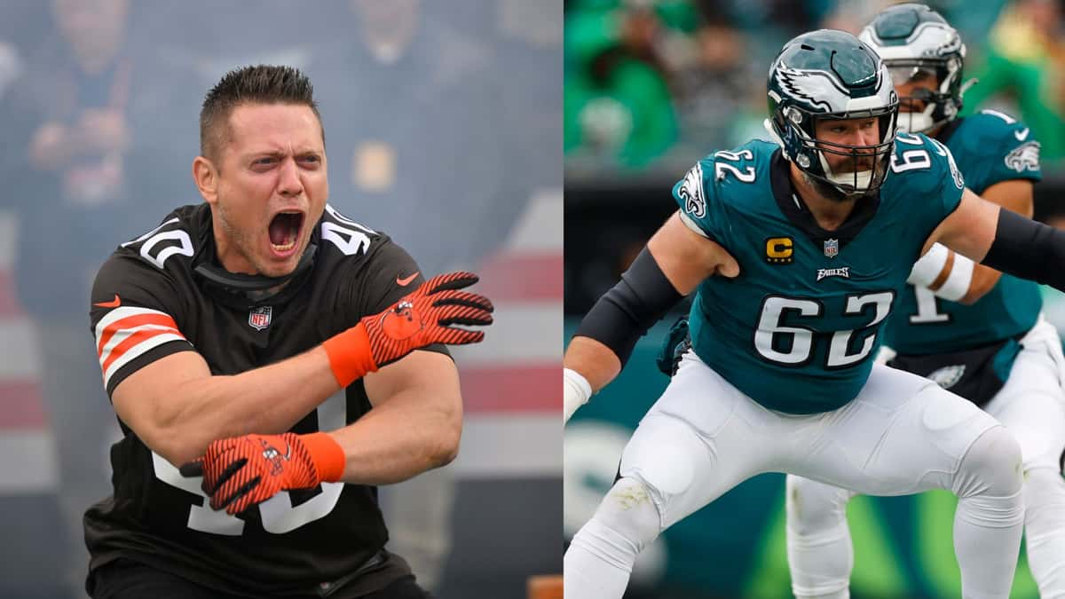 The Miz (left) and Jason Kelce as a member of the Philadelphia Eagles (right).