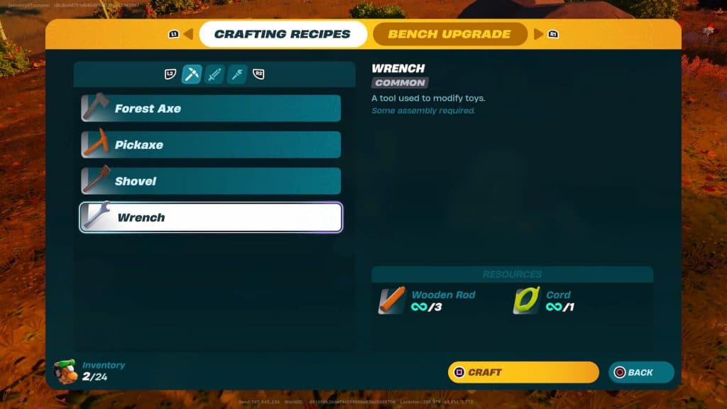 LEGO Fortnite Wrench crafting recipe