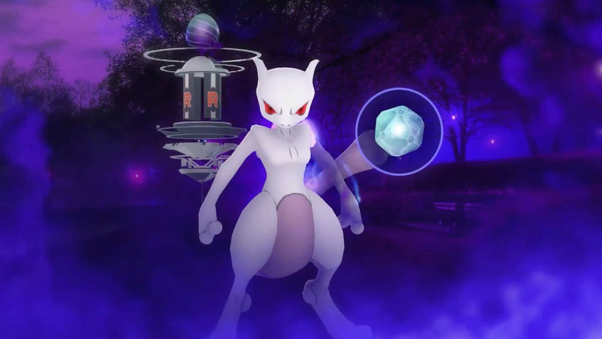 The Pokemon Mewtwo appears floating in the air, alongside a Pokemon Go purified gem