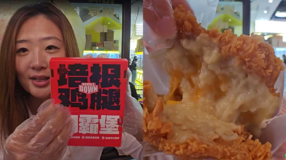 The streamer GeezGiselle alongside a picture of KFC's Durian Double Down