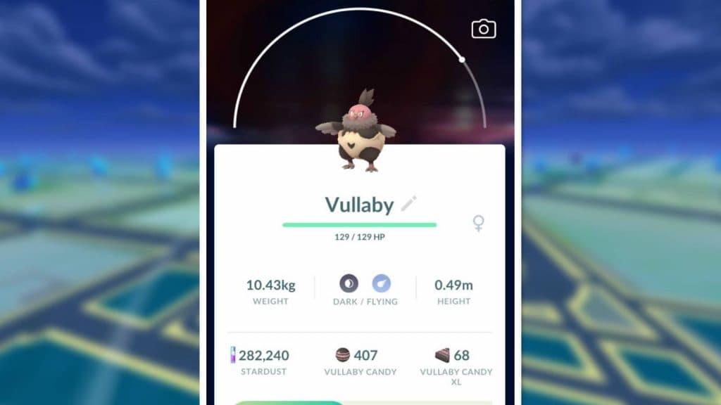 A screenshot from Pokemon Go shows the Pokemon Vullaby