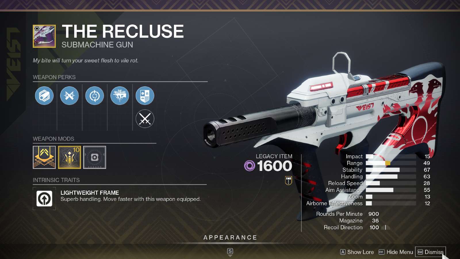 the recluse smg in Destiny 2 menus