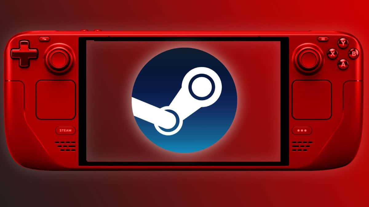 Image of the Steam logo on the screen of a red Steam Deck, with a black and red background.