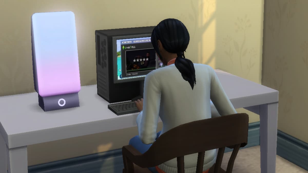 A screenshot featuring a Sim using a computer in The Sims 4.